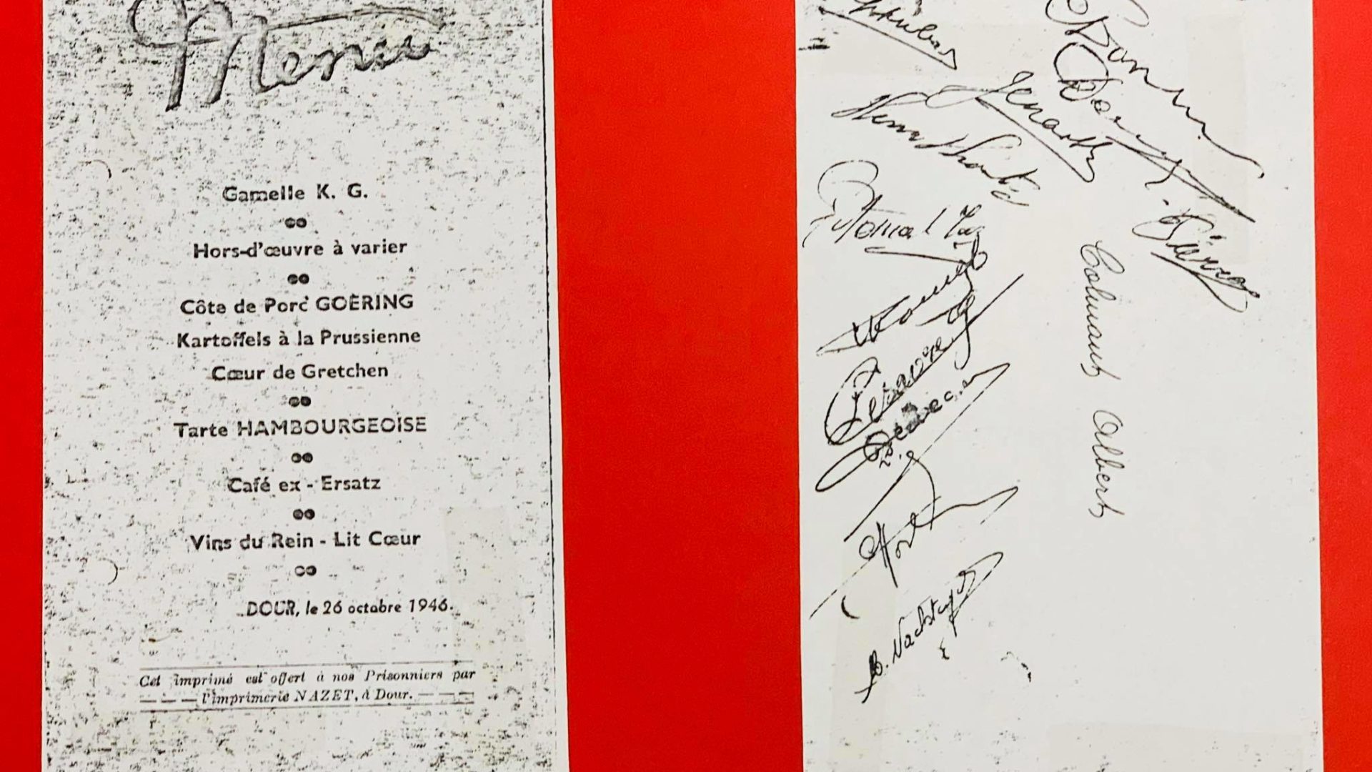 Menu d'un dîner des prisonniers en 1946 à Dour