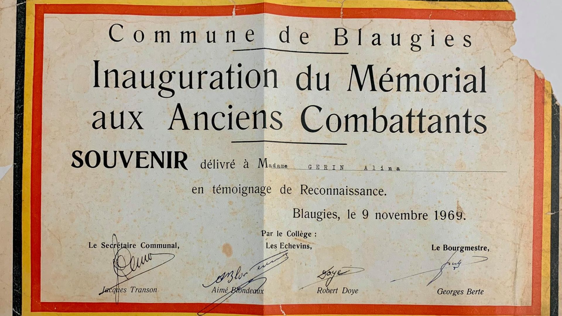 Souvenir de l'inauguration du Mémorial aux Anciens Combattants à Blaugies