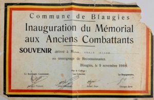 Souvenir de l'inauguration du Mémorial aux Anciens Combattants à Blaugies