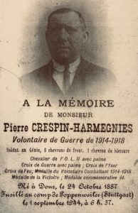 Pierre Crespin Harmegnies - Arrêté par la Gestapo, le 13 septembre 1943 lors de la rafle des Arcades à Saint-Ghislain